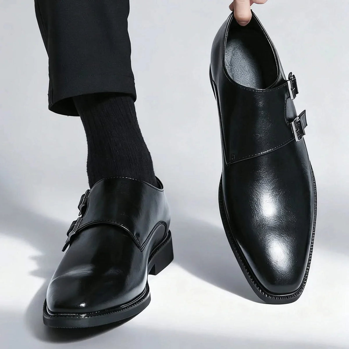 Men's polished double monk strap loafers with twin buckles