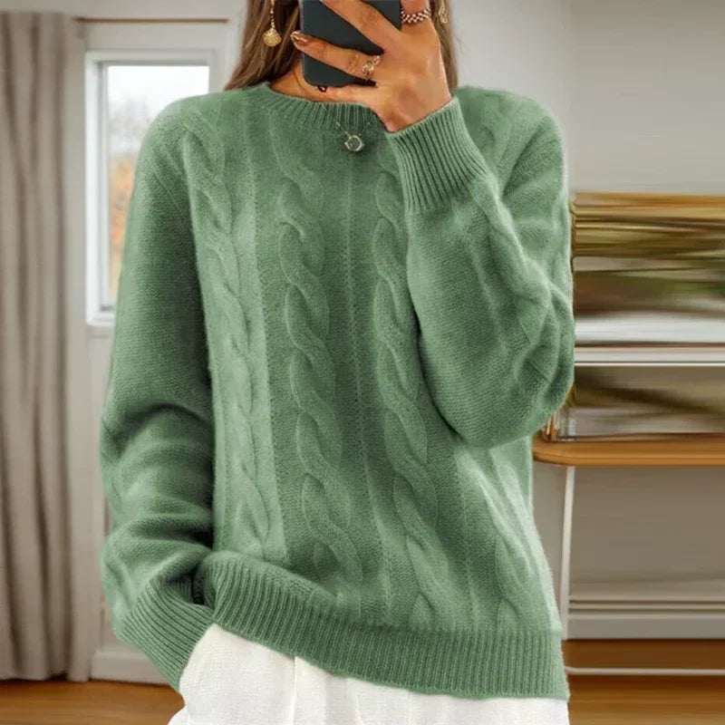 Women's cable knit jumper with crew neckline and ribbed trims