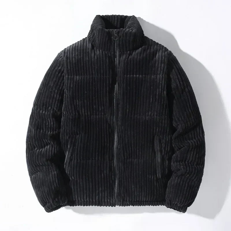Men's Corduroy Puffer Jacket Stand Collar - Black