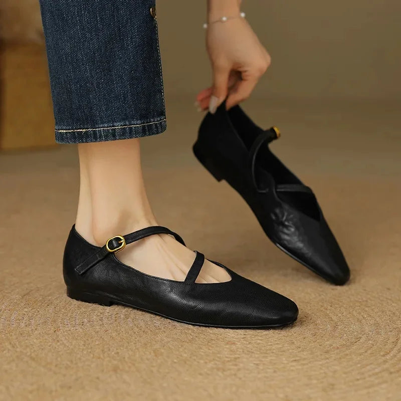 Women's Mary Jane flat shoes with double buckle straps and almond toes