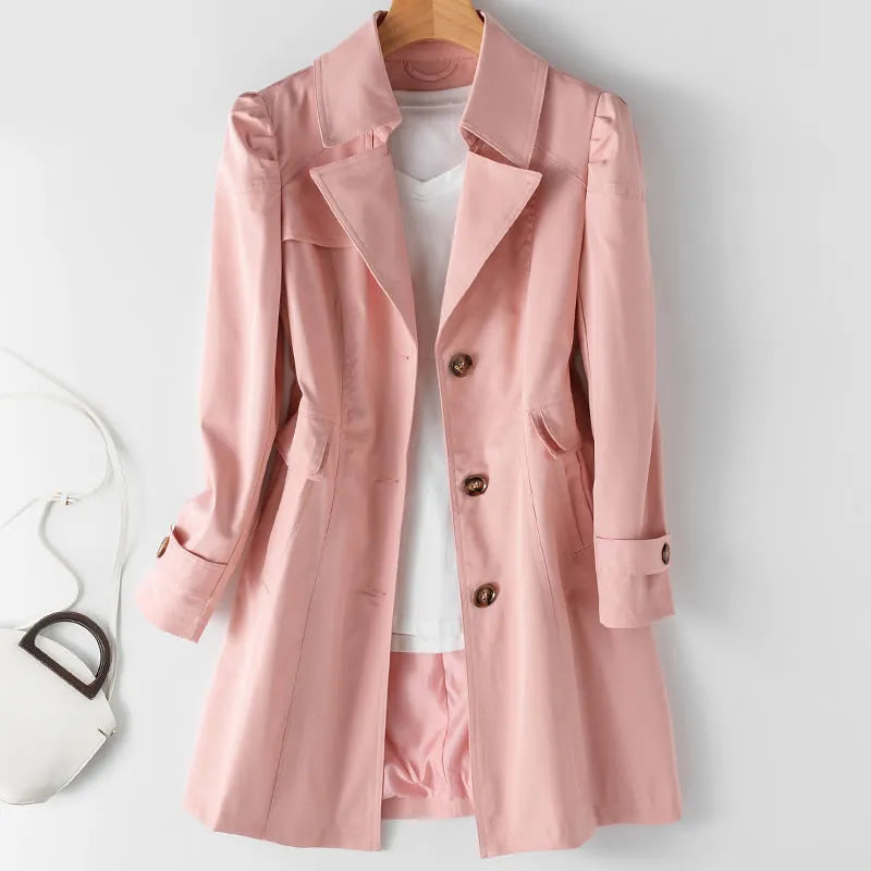 Women's double-breasted trench coat with notched collar and long sleeves