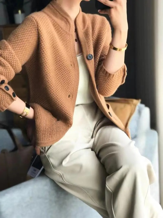 Women's textured knit jacket with stand collar, buttons and patch pockets