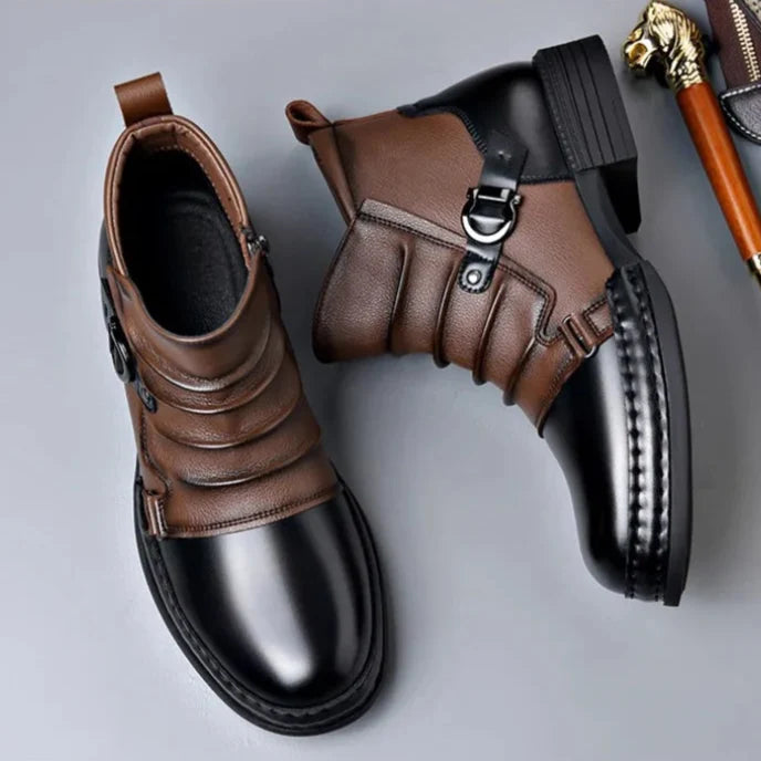 Men's two-tone ankle boots with buckle straps, side zips and rounded toes
