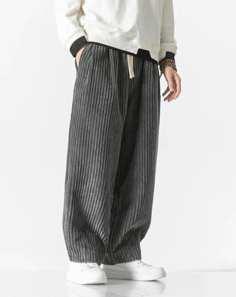 Men's wide-leg ribbed corduroy trousers with elasticated drawstring waist