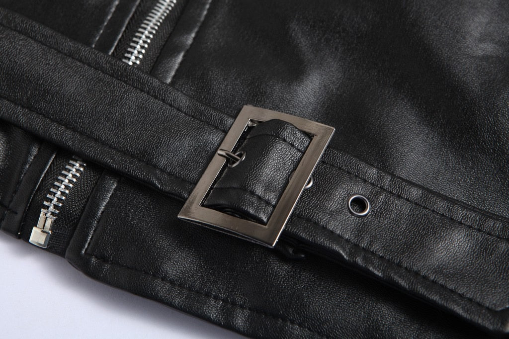 Men's fitted biker jacket with notched collar, asymmetric zip and buckled waist belt