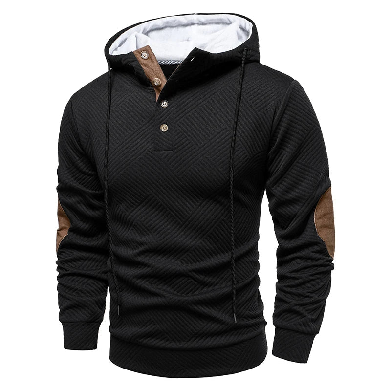 Men's textured hooded jumper with button placket and contrasting elbow panels