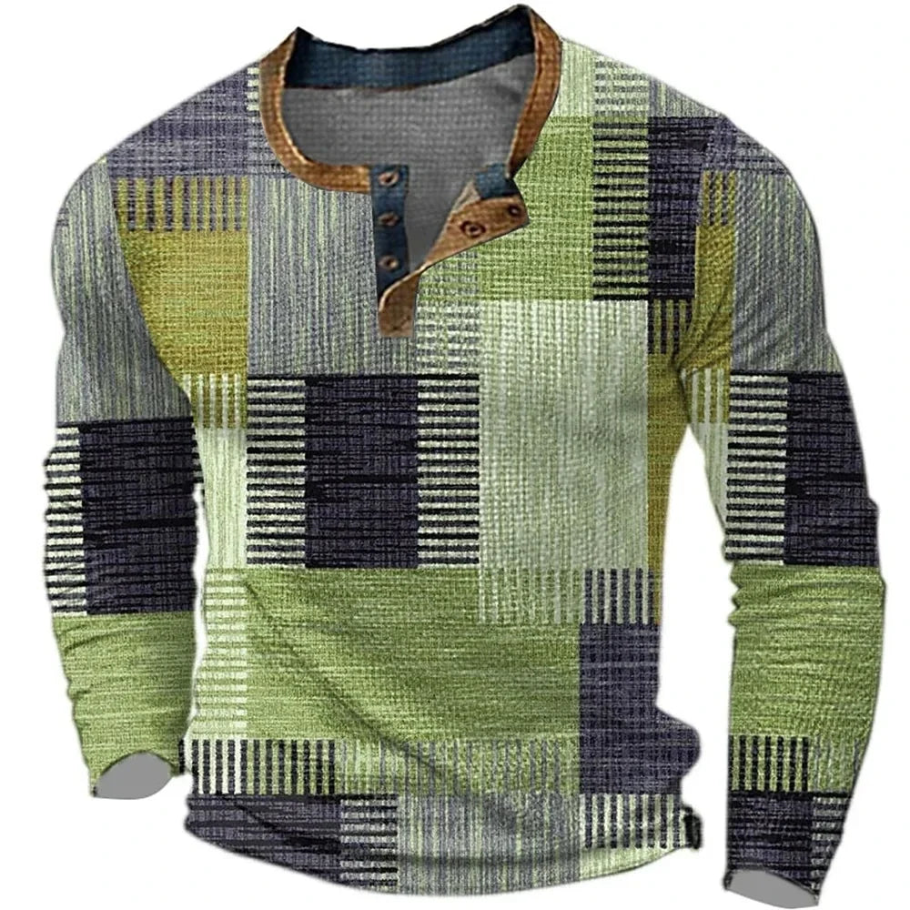 Men's long-sleeve geometric patchwork shirt with mandarin collar and button placket