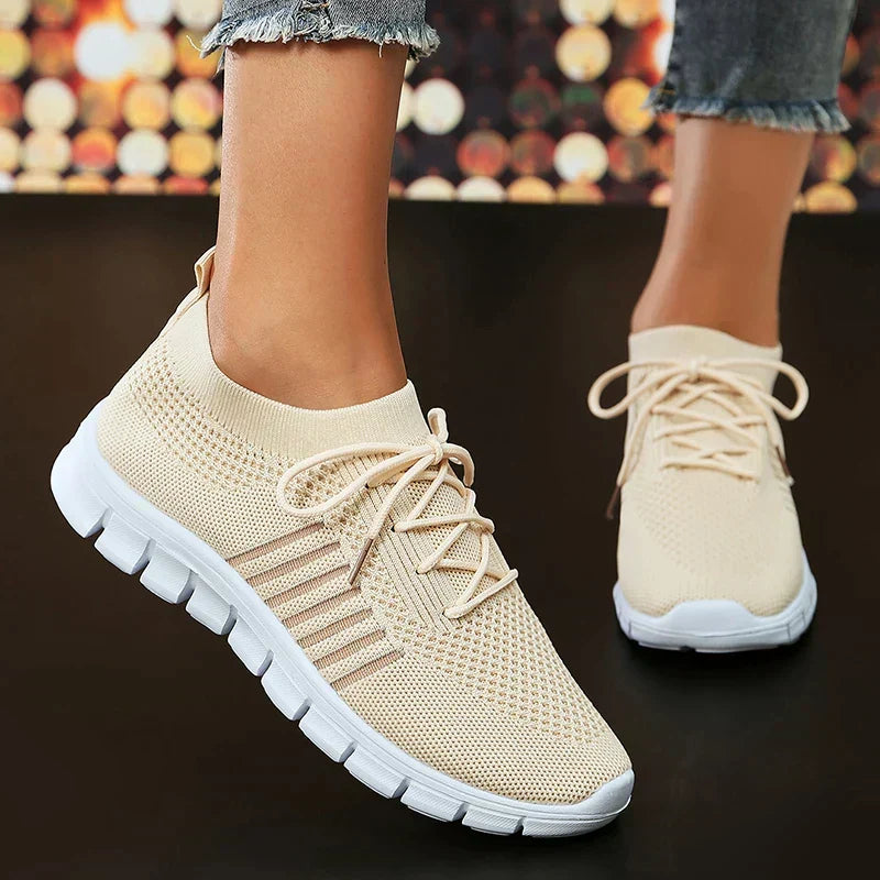 Women's Knit Trainers Lace-Up Mesh Breathable - Beige