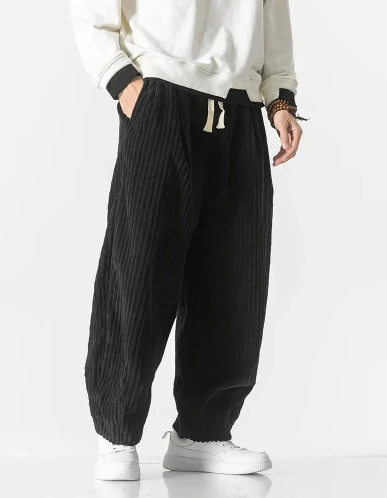 Men's wide-leg ribbed corduroy trousers with elasticated drawstring waist