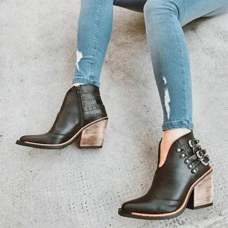 Women's ankle boots with buckle straps, pointed toes and high block heels