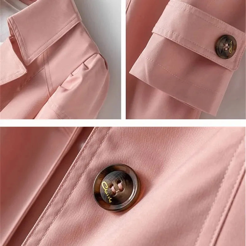 Women's double-breasted trench coat with notched collar and long sleeves