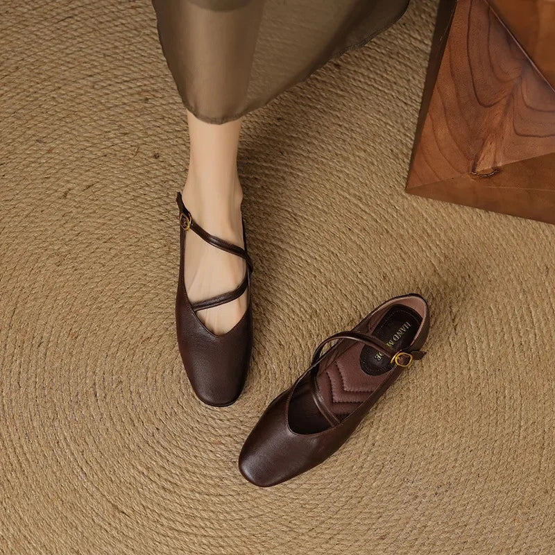 Women's Mary Jane flat shoes with double buckle straps and almond toes