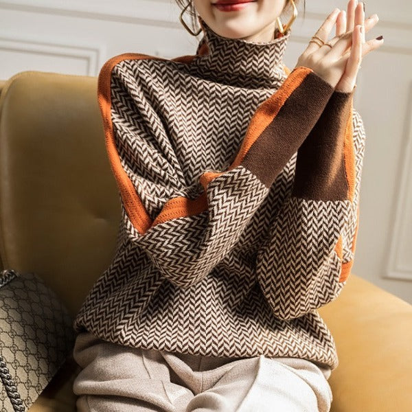 Women's herringbone turtleneck sweater with contrast sleeve trim