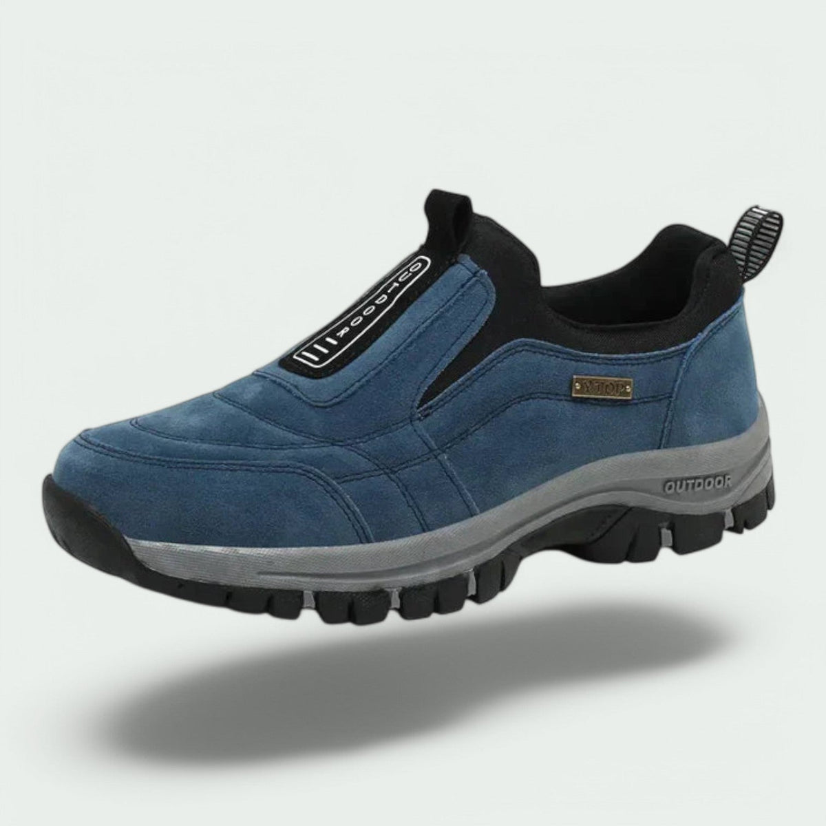 Slip-on walking shoe with stitched panels, contrast sole and deep tread