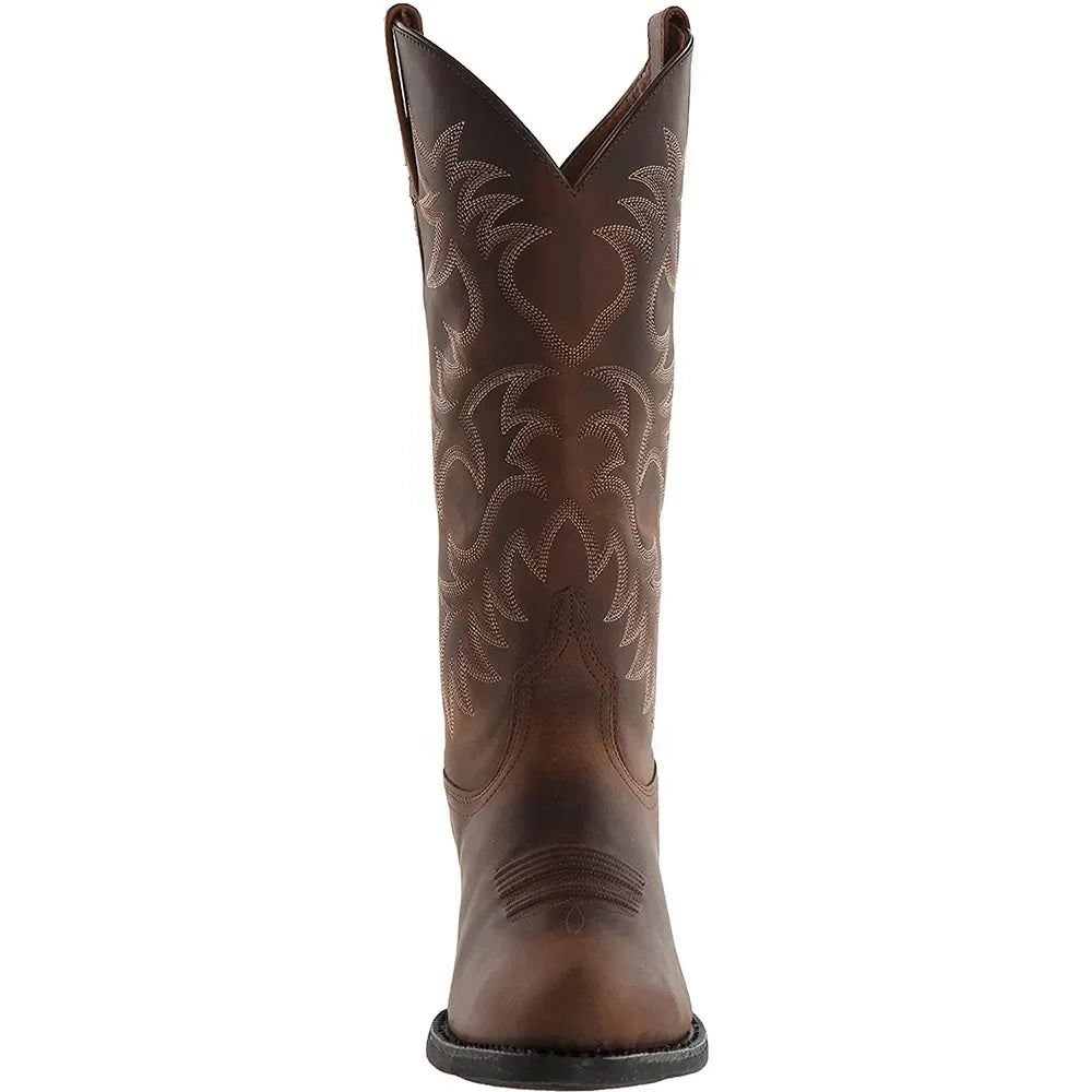 Men's tall cowboy boots with embroidered shafts, pointed toes and low heels