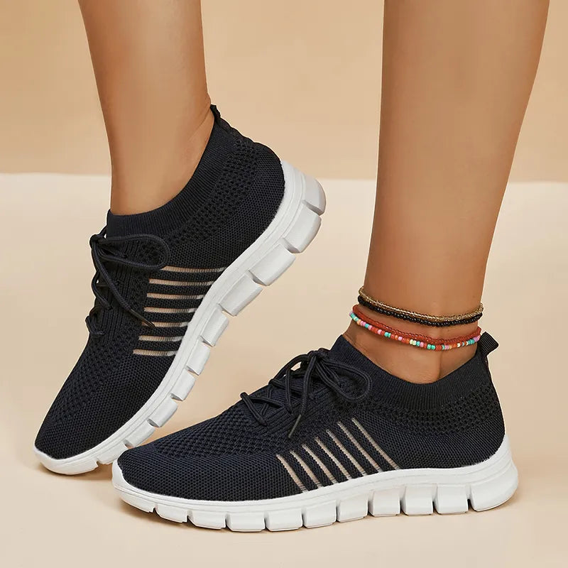 Women's Knit Trainers Lace-Up Mesh Breathable - Black