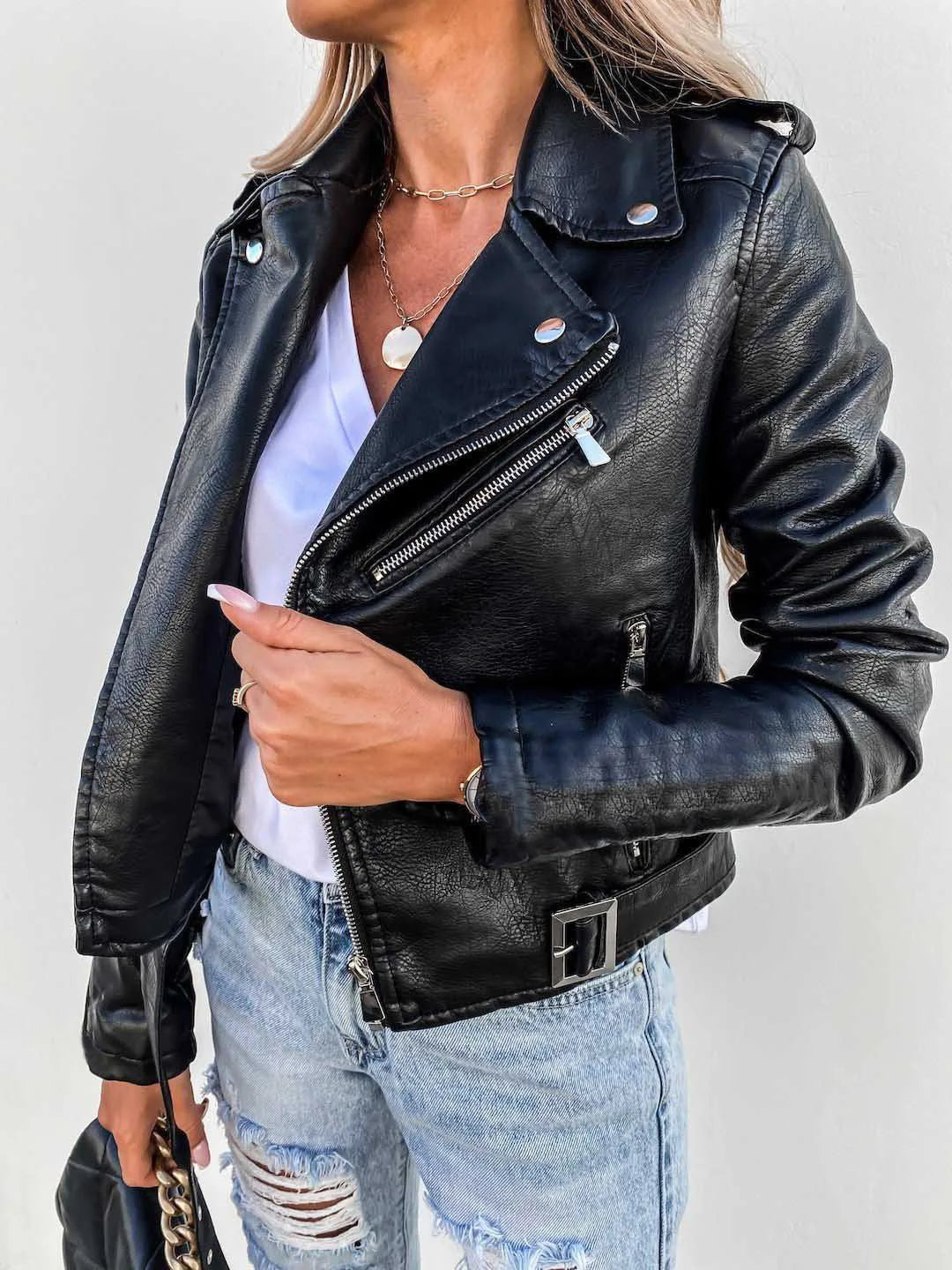 Women's cropped biker jacket with asymmetric zip, long sleeves and belted waist