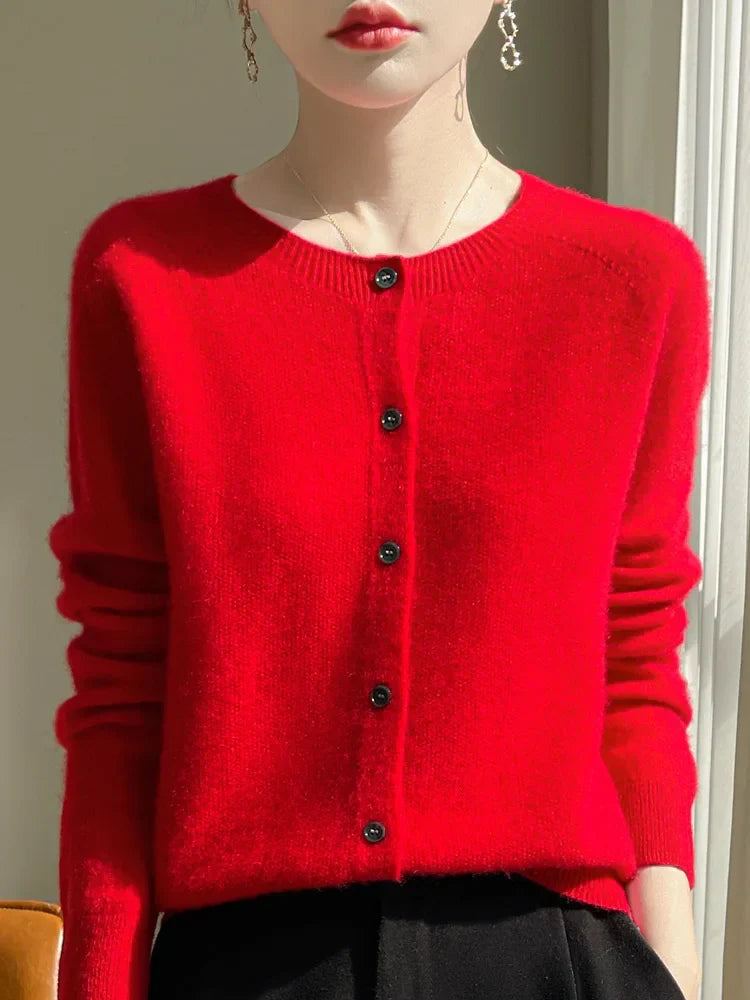 Women's long-sleeve button-front cardigan with crew neckline