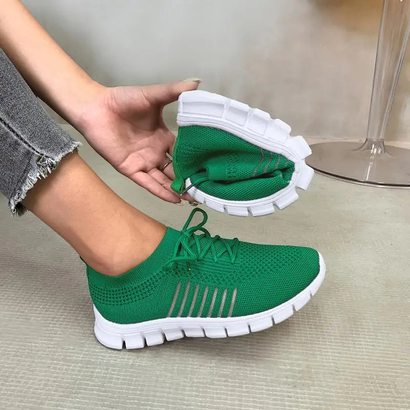 Women's Knit Trainers Lace-Up Mesh Breathable - Green