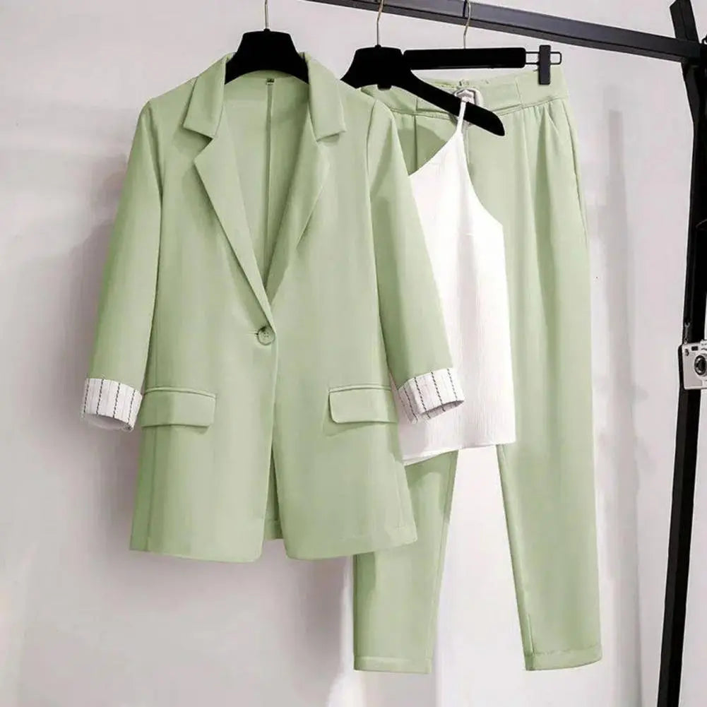 Women's three-piece blazer, camisole and straight trousers set