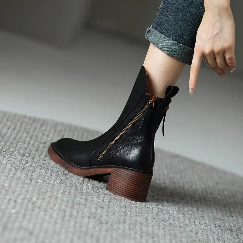Women's solid ankle boots with side zips and stacked block heels
