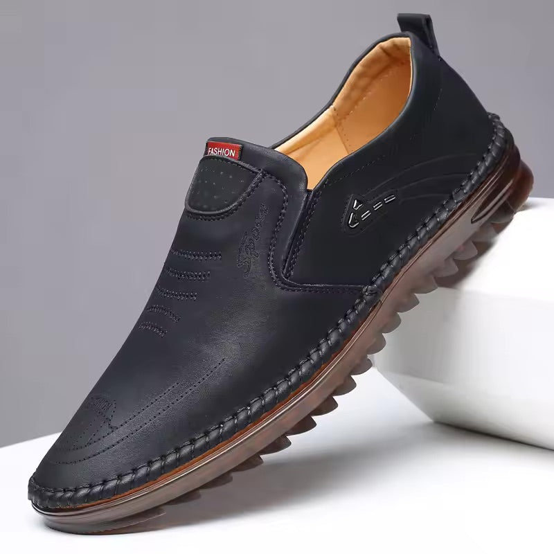 Men's Leather Loafers Slip-On Stitched Detail - Black