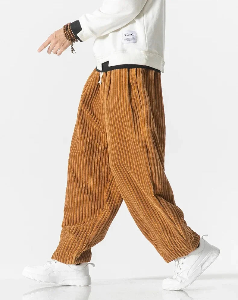 Men's wide-leg ribbed corduroy trousers with elasticated drawstring waist