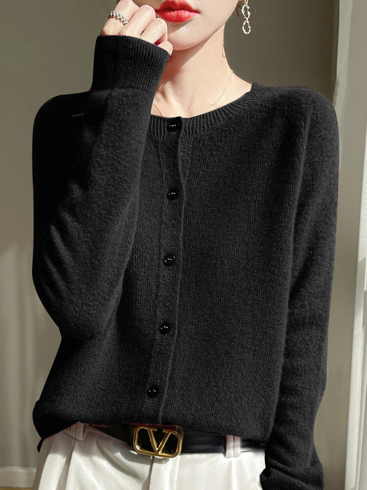 Women's long-sleeve button-front cardigan with crew neckline