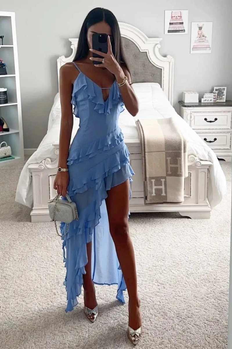 Women's Asymmetrical Ruffle Midi Dress Spaghetti Strap Bodycon Fit | Blue
