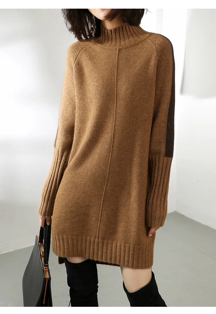 Women's long-sleeved turtleneck sweater mini dress with ribbed cuffs and hem