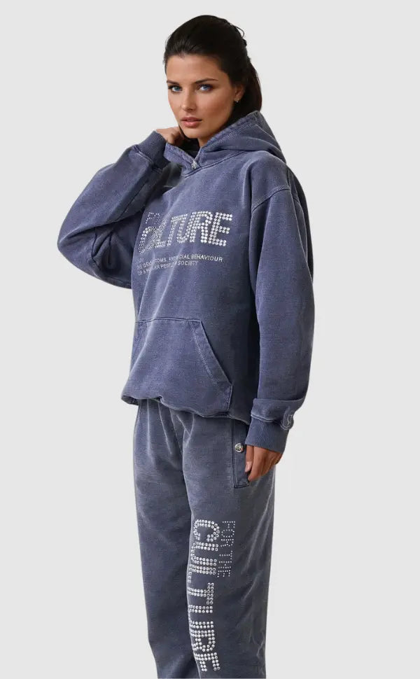 Women's blue hoodie with hood, front graphic, pouch pocket and long sleeves