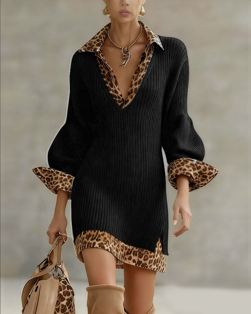 Women's ribbed knit mini dress with leopard-print collar cuffs and hem