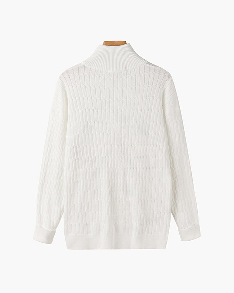 Unisex ribbed half-zip sweater with mock neck and long sleeves
