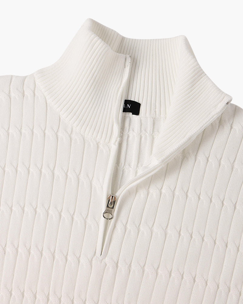 Unisex ribbed half-zip sweater with mock neck and long sleeves