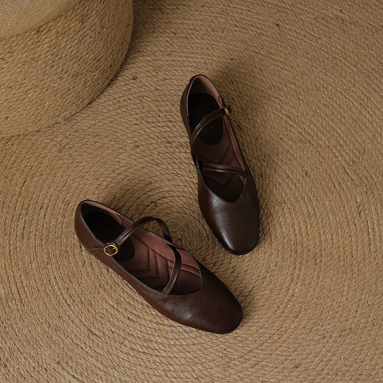 Women's Mary Jane flat shoes with double buckle straps and almond toes
