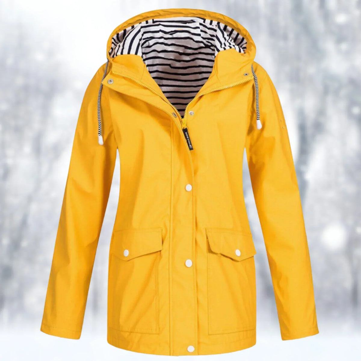 Women's hooded rain jacket with long sleeves, front zip and flap pockets