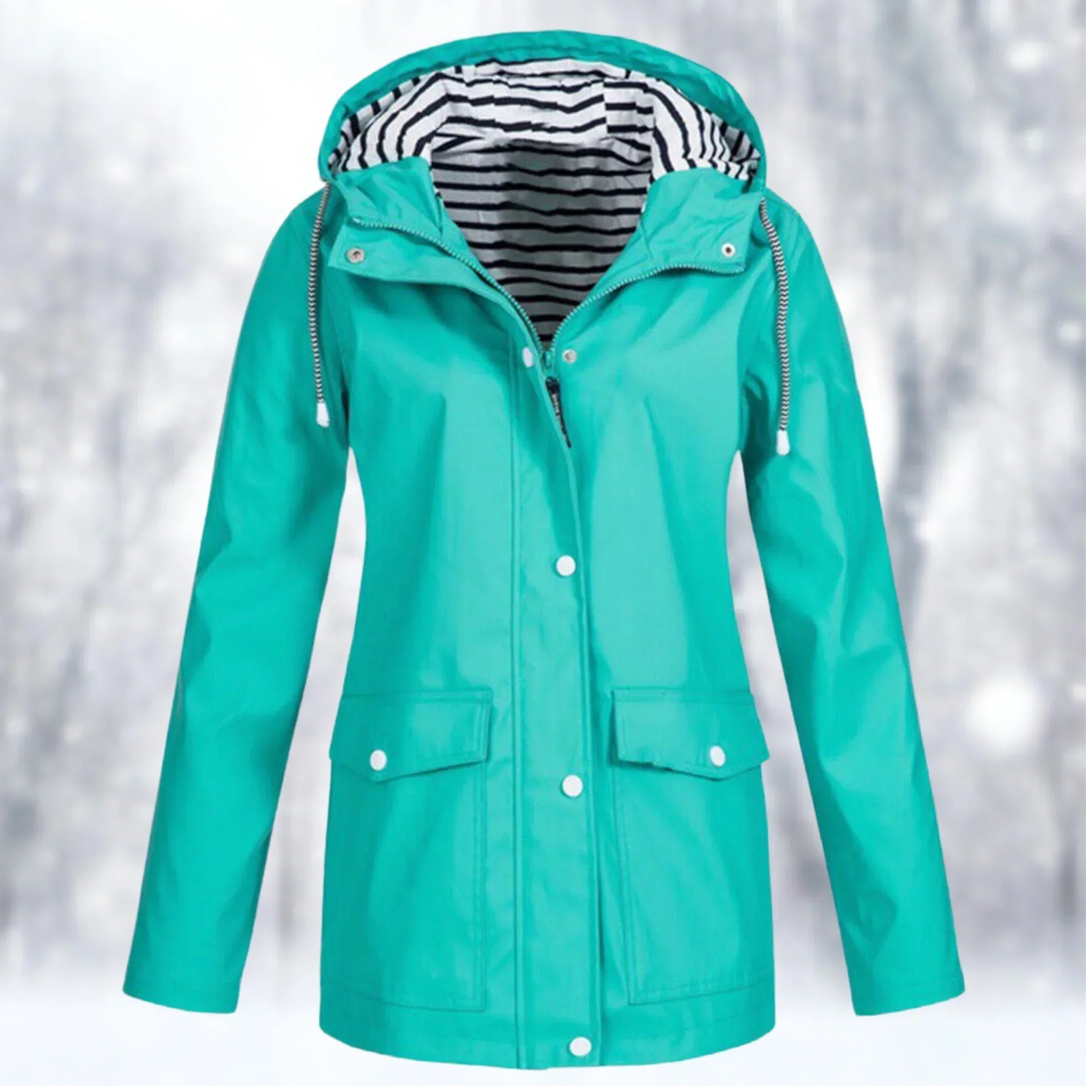 Women's hooded rain jacket with long sleeves, front zip and flap pockets