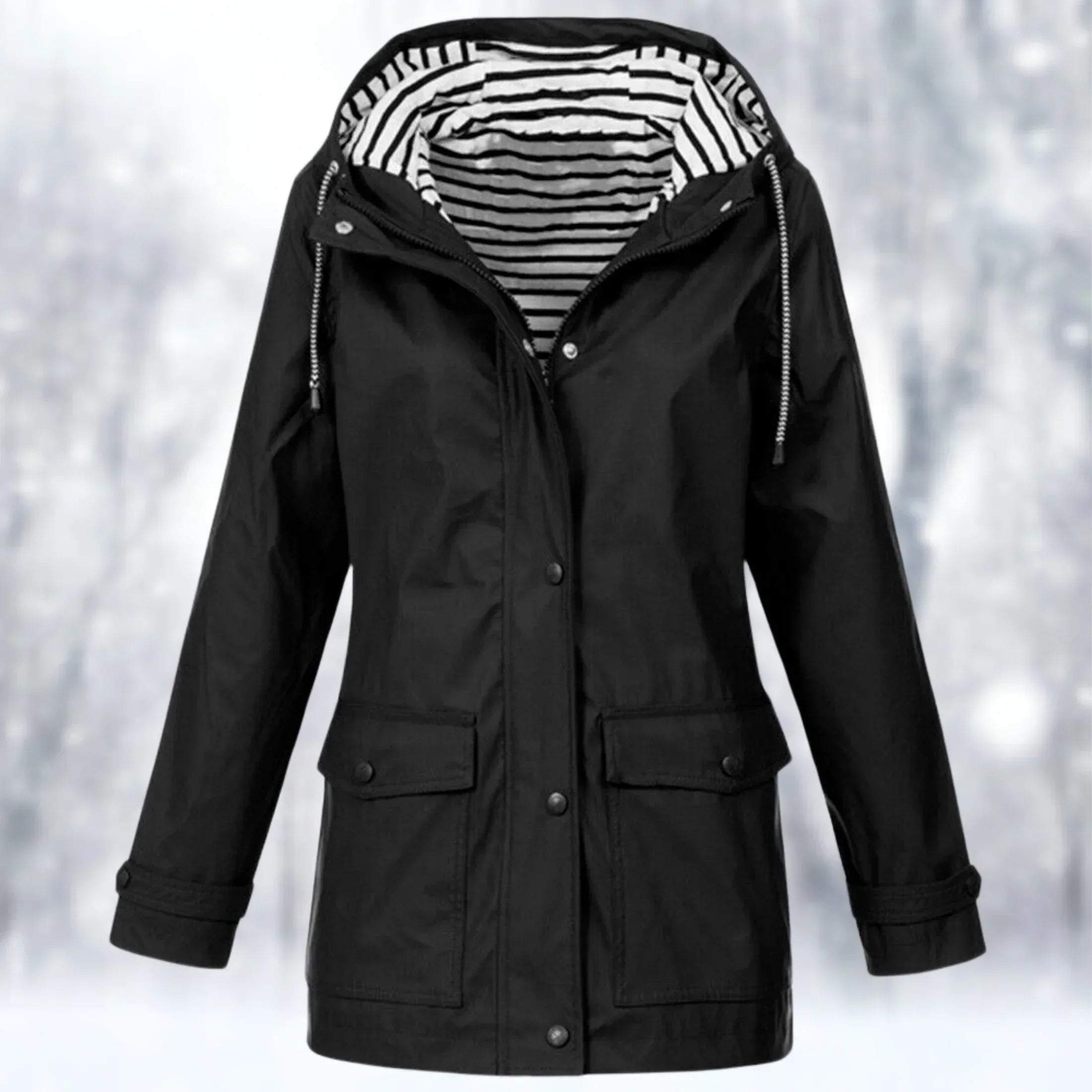 Women's hooded rain jacket with long sleeves, front zip and flap pockets