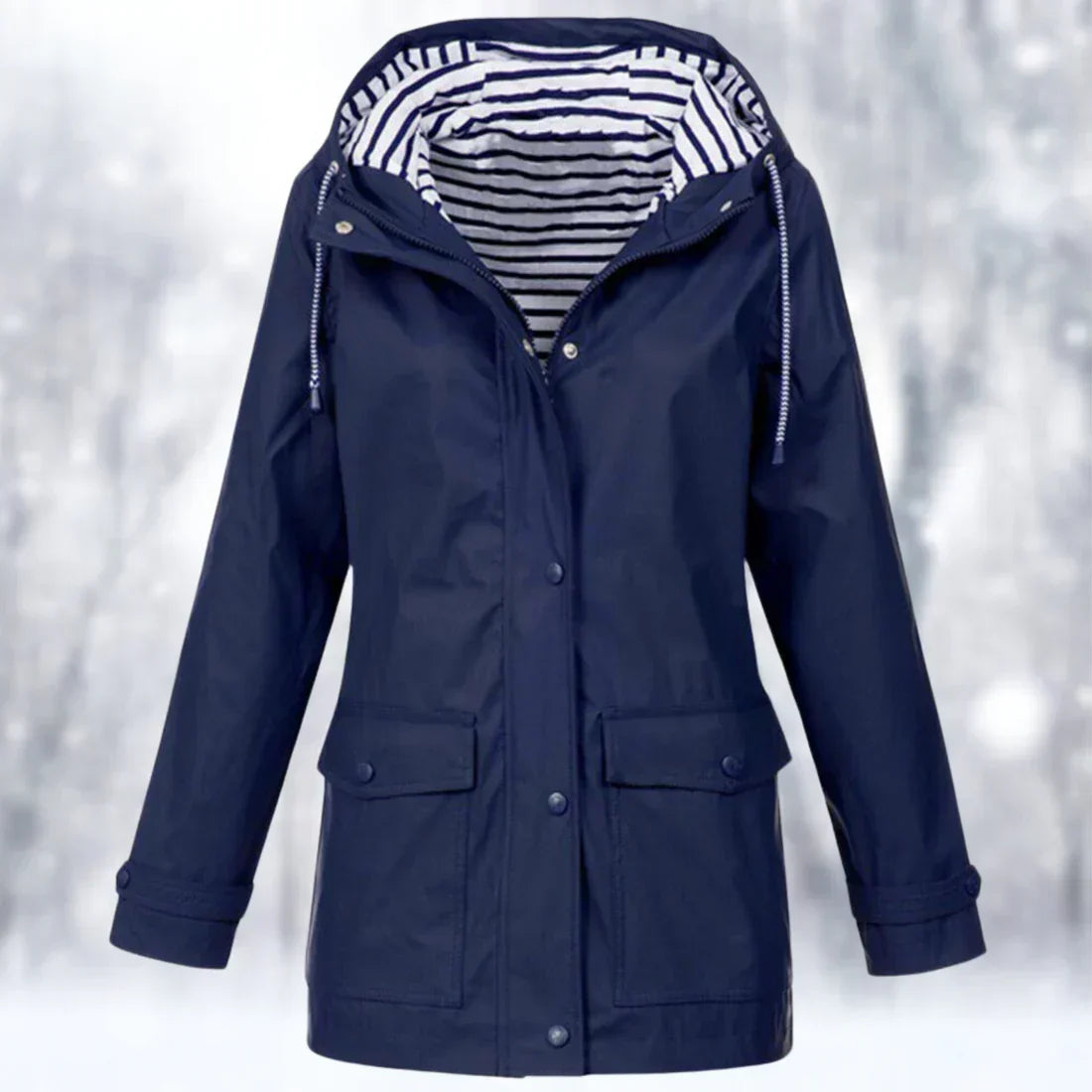 Women's hooded rain jacket with long sleeves, front zip and flap pockets