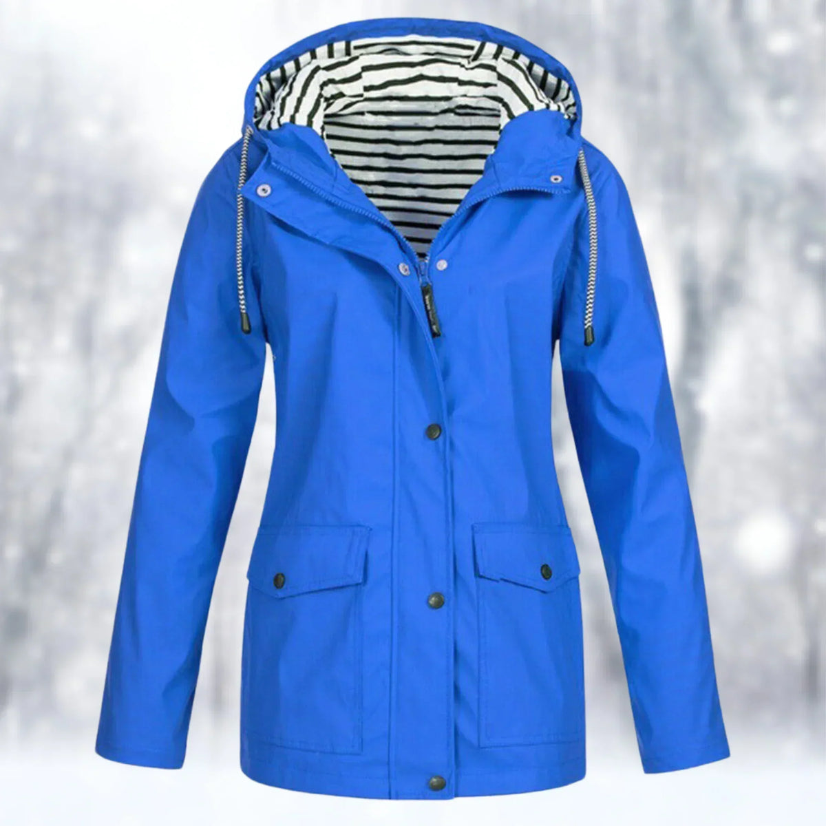 Women's hooded rain jacket with long sleeves, front zip and flap pockets