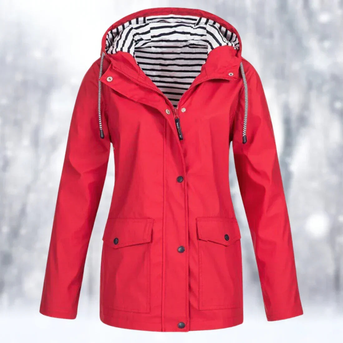 Women's hooded rain jacket with long sleeves, front zip and flap pockets