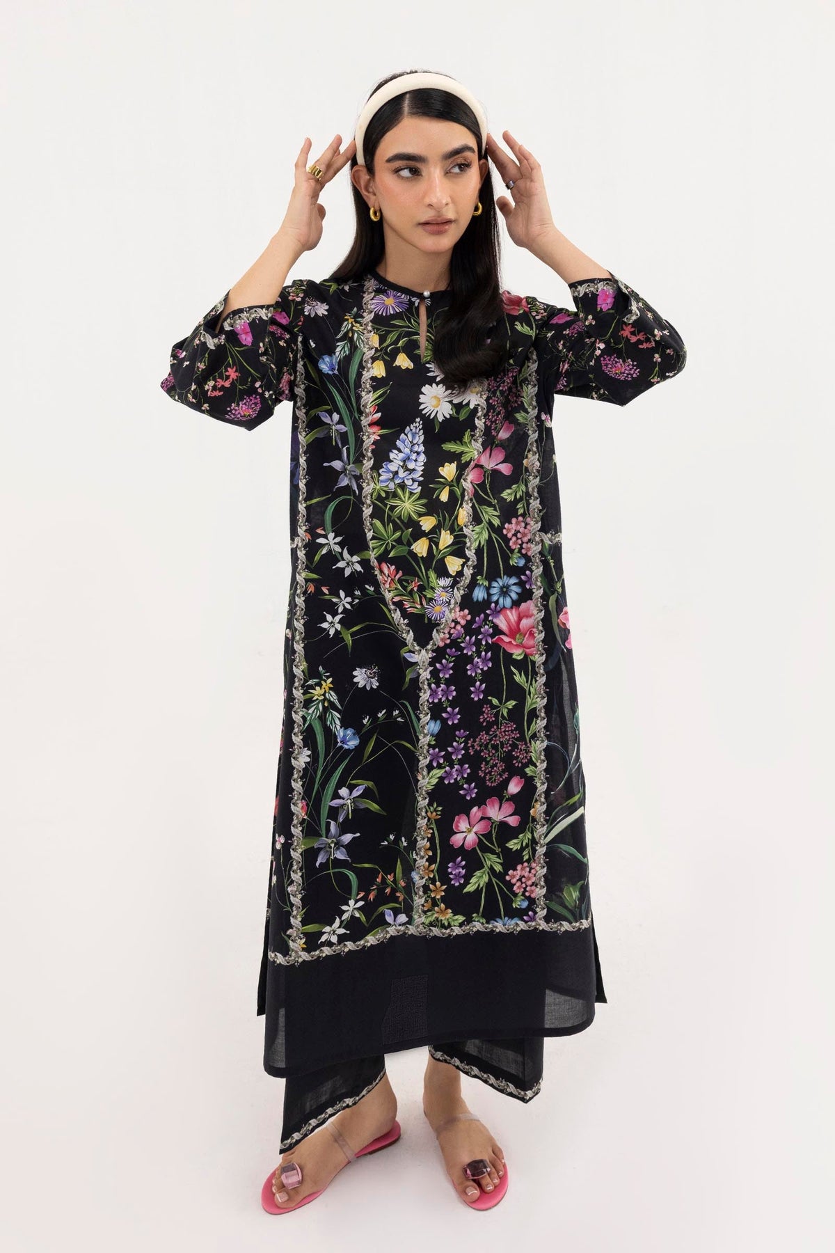 Women's black floral shirt and cropped culotte set with decorative trim