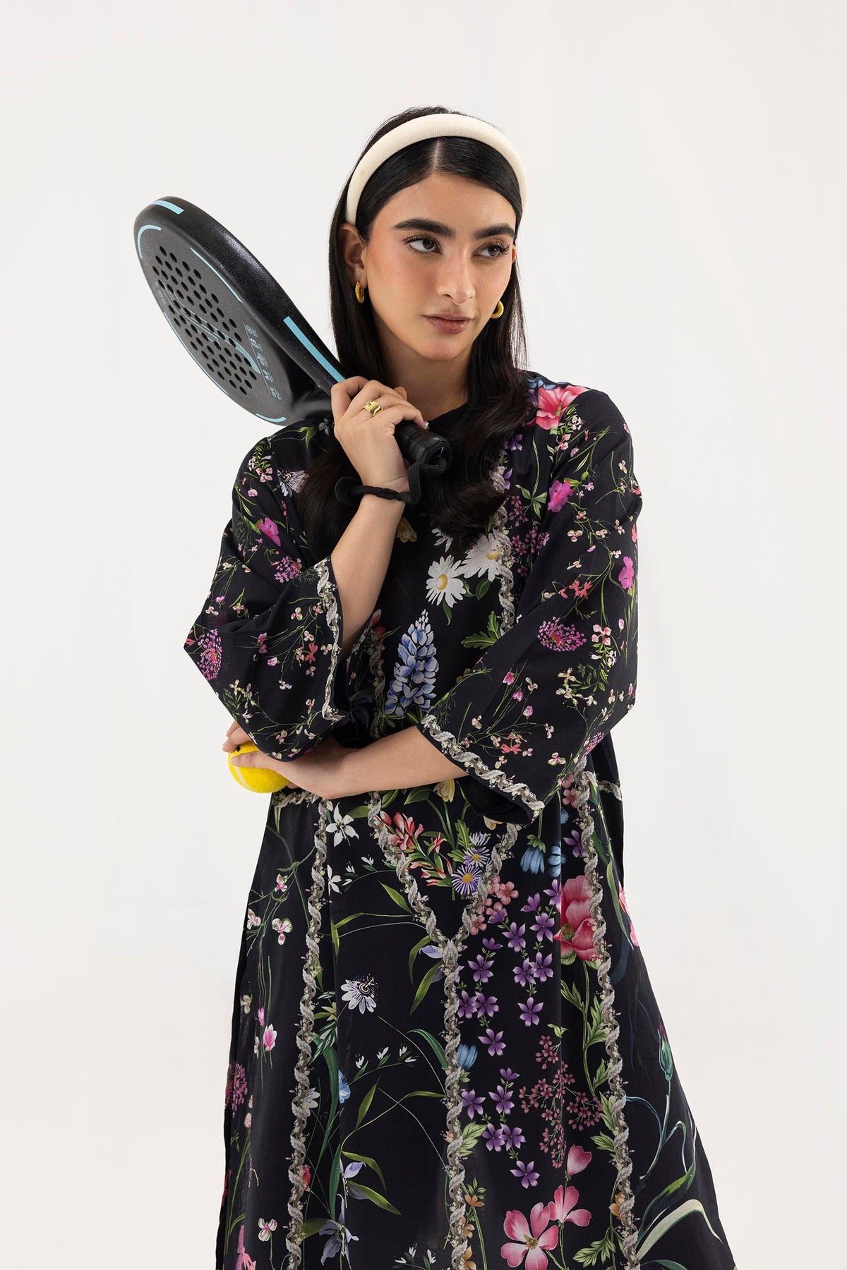 Women's black floral shirt and cropped culotte set with decorative trim