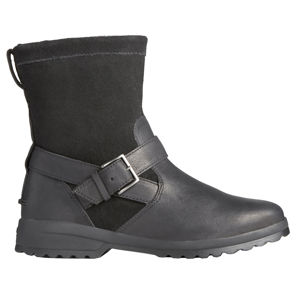 Black pull-on biker boots with buckle strap and textured sole
