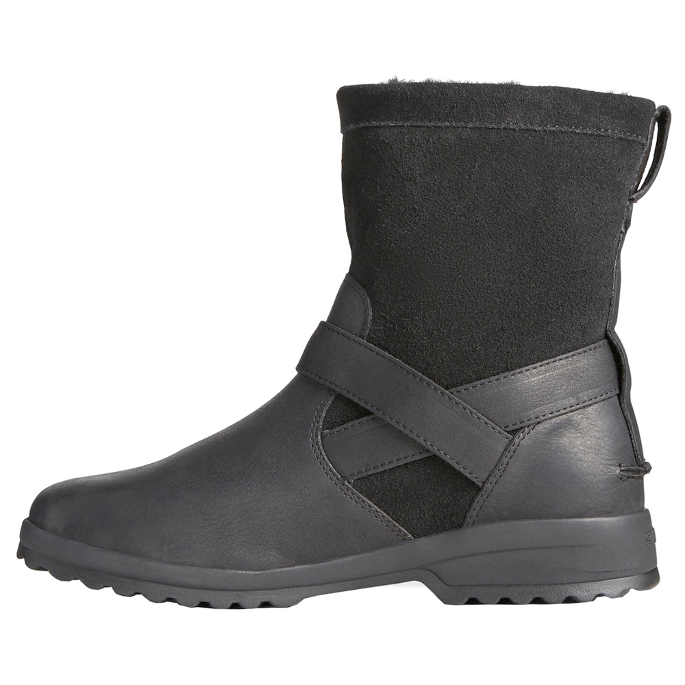 Black pull-on biker boots with buckle strap and textured sole