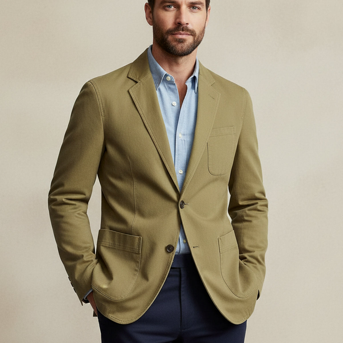 Men's plain blazer style jacket with notched lapels, long sleeves and patch pockets
