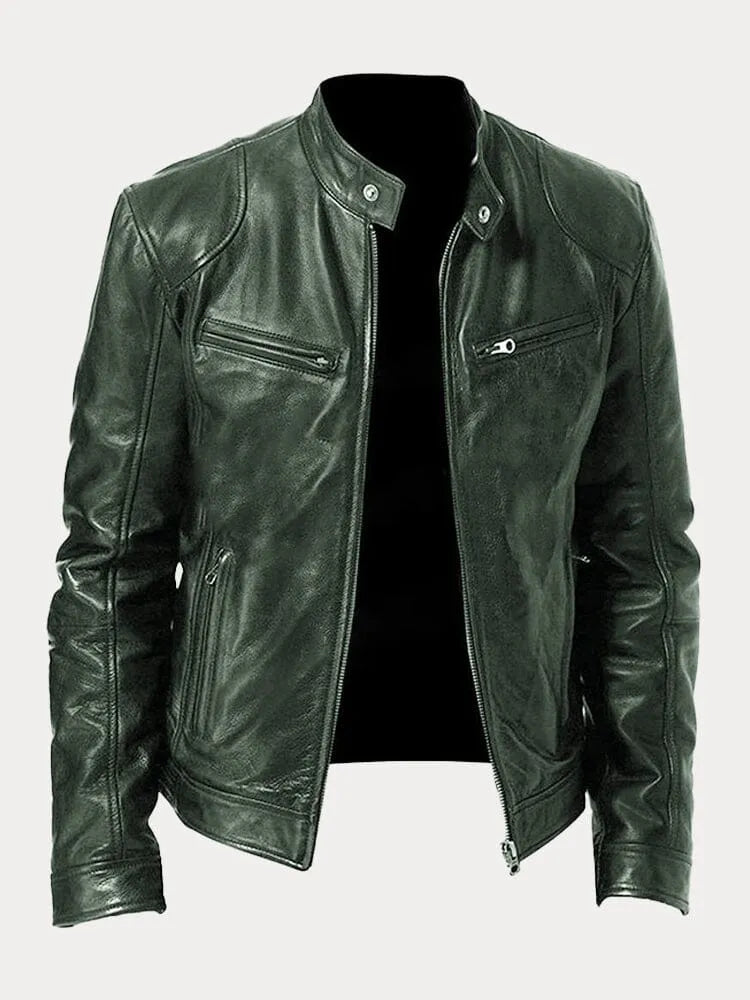 Men's leather biker jacket with stand collar, long sleeves and zipped pockets