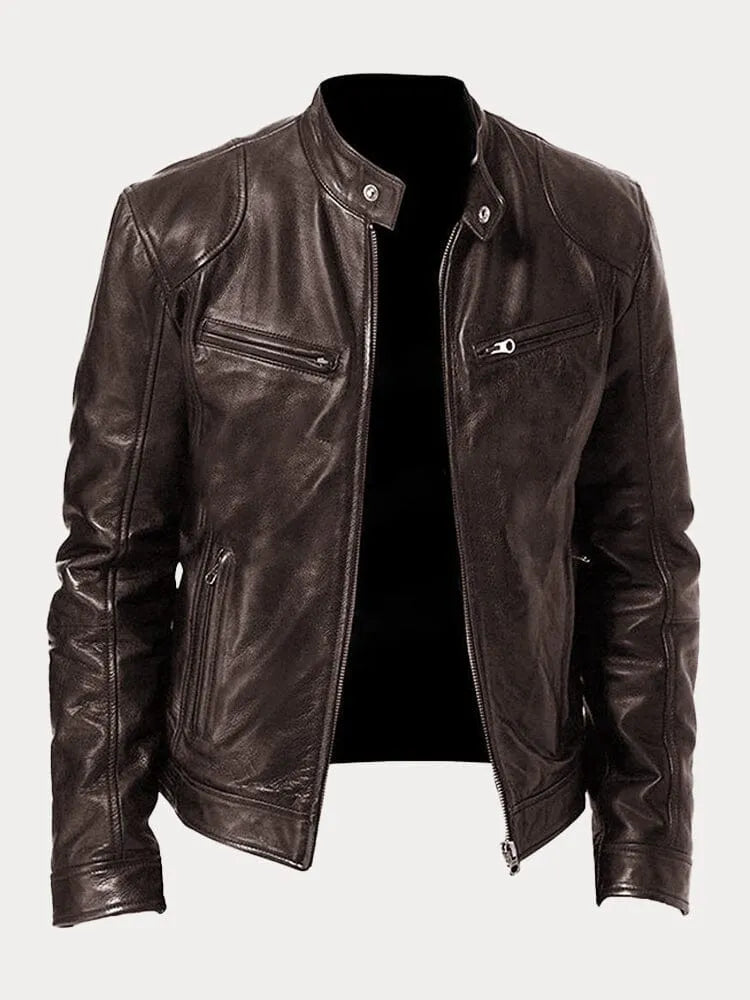 Men's leather biker jacket with stand collar, long sleeves and zipped pockets