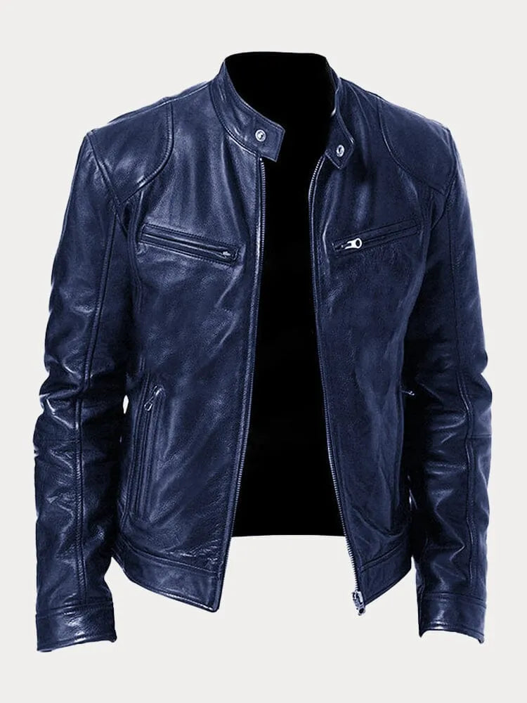 Men's leather biker jacket with stand collar, long sleeves and zipped pockets