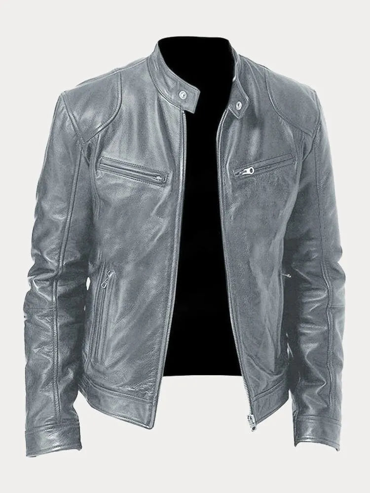 Men's leather biker jacket with stand collar, long sleeves and zipped pockets